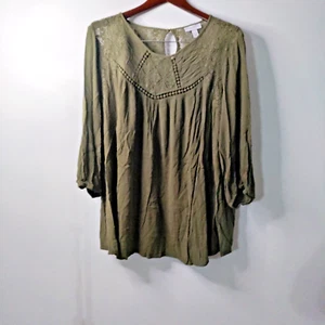 Liz Lange Women XXL/TTG Olive Eyelets Rayon Button Neck Flowy Boho Casual Blouse - Picture 1 of 7