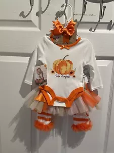 4 Pezzi Autunno PUMPKIN Halloween Outfit Body, Tutù, Leggings, Fascia, 3M - Foto 1 di 4