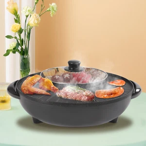 Electric Pan Hot Pot BBQ Frying Cook Grill Kitchen Barbecue Machine With Lid - Picture 1 of 22