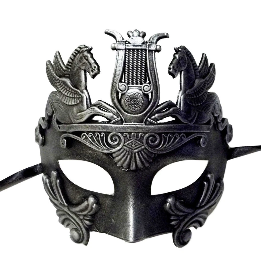 Brushed Silver Antique Warrior Greek Pegasus Masquerade Mardi Gras Men's Mask - Image 1 of 2