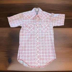 vtg 70s Rockabilly western shirt pearl snap short sleeve red white checked 15” - Imagen 1 de 9