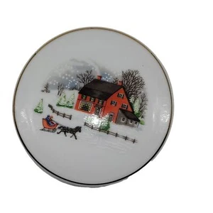 Red barn in winter ~ Snow scene with horse sled ~ small trinket dish with lid - Picture 1 of 4