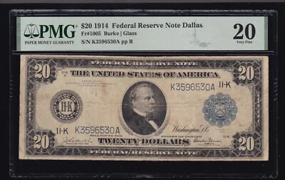 US 1914 $20 FRN Dallas Burke/Glass FR 1005 PMG 20 VF (530) - Image 1 of 2