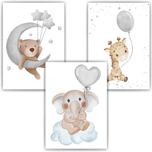 Süße Tiere 3er Set DIN A4 Kinderzimmer Wandbilder Babyzimmer Poster Dekoration - Bild 1 von 6