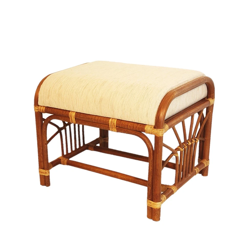 Banqueta Otomana Retangular Feita à Mão Krit Pouf Rattan Vime com Almofada, Conhaque - Imagem 1 de 4