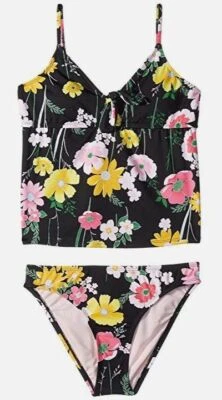 $158 Hobie Kid Girls Black Floral Two-Piece Tankini Hipster Swim Swimsuit Set 7 - Image 1 of 2