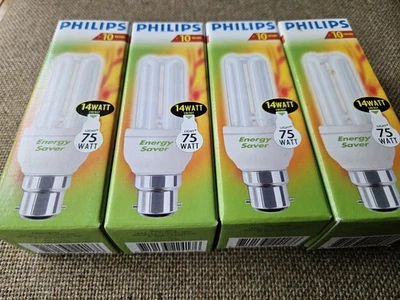 4 Pack Philips Energy Saving Large Bayonet Bulbs B22 BC 10000h 800 Lumen 14W=75W - Image 1 of 4