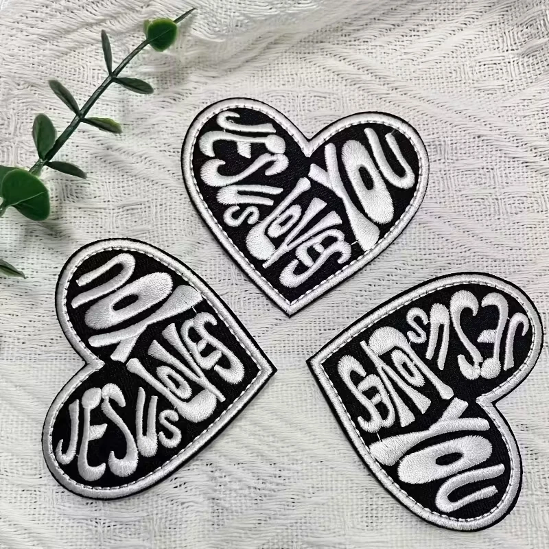 1pc Jesus Loves You Embroidery Patches - Heart-Shaped Iron-On/Sew on Decorative - Image 1 of 4