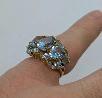 BIJOU GROSSE BAGUE EN OR JAUNE 18 carats 13 PIERRE TOPAZE BAGUE COCKTAIL 5,9 gr - Photo 1/4
