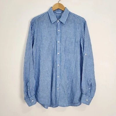 Patrick Assaraf 100% Linen Blue Stripe Collared Long Sleeve Tennis Prep Summer - Image 1 of 4