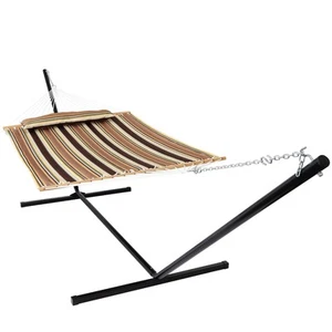 2-Person Quilted Fabric Hammock with 15' Stand - Sandy Beach by Sunnydaze - Picture 1 of 9