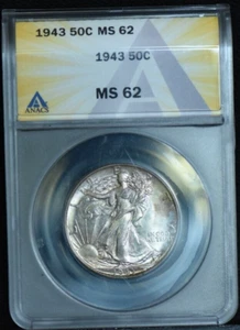 1943 ANACS MS 62 Liberty Walking Silver Half Dollar, Golden Tone Around Edges - Picture 1 of 5