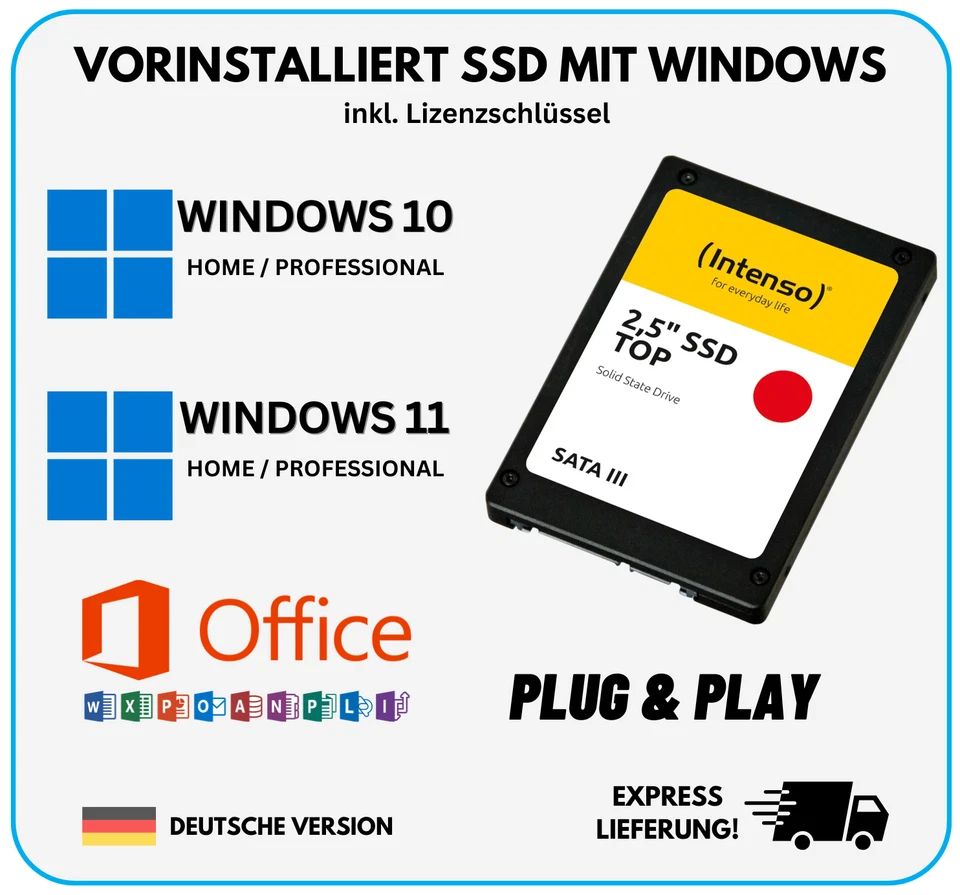 SSD Festplatte mit vorinstallierten Windows 10 / 11 inkl. Microsoft Office 16-24 - Bild 1 von 1