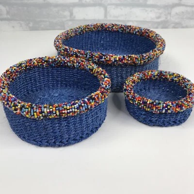 Auténticas cestas de cuentas azules kenianas hechas a mano juego de 3 anidaciones Foto 1 de 4