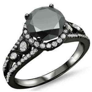 2.85 Ct Black Round Diamond Wedding Engagement 925 Silver Ring New Jewelry - Bild 1 von 2