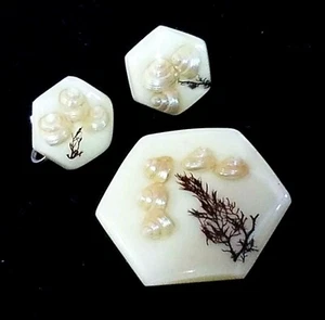 Juego de pendientes a tornillo de broche LUCITE encerrados Trochus hexágono vintage década de 1950 - Imagen 1 de 5