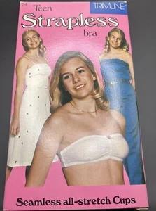 Vintage Bra Strapless Seamless White Nylon Boning Stretch 1970s NEW Teen Sz 34 - Picture 1 of 5