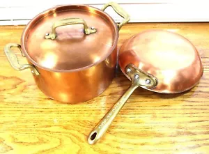 All Clad Copper Cop R Chef Stock Pot Brass Handle 3 Rivets Skillet Fry Pan VTG - Picture 1 of 14