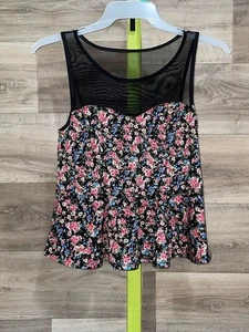 Floral Mesh Tank Top Womens Small Black Pink Blue Sheer Sweetheart Neckline Boho - Picture 1 of 6