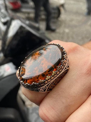 Anillo de plata 925 ámbar báltico turco hombre plata grande ámbar piedra anillo Foto 1 de 4