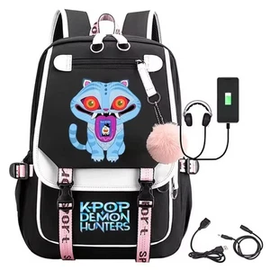 KPop Demon Hunter Derpy Tiger Cartoon Print Backpack with USB Port, 17" - Picture 1 of 3