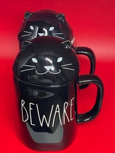 2 Rae Dunn "Beware" Mugs w/ a Black Cat Lid, 6.5" Tall - Picture 1 of 4