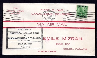 US CANAL ZONE 1929 FIRST FLIGHT COVER CRISTOBAL TO BUENAVENTURA & TUMACO - Image 1 of 2