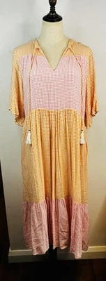 Vestido maxi Label of Love Check tamanho grande AU 16 18 rosa e laranja fluido RRP$139 - Imagem 1 de 4