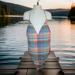 NEW Jcrew Womens Plunging Scoopback Multicolor Checked One Piece Swimsuit Size M - Picture 1 of 9