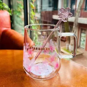 Starbucks Pink Cherry Blossom Mug with Stirring Stick - 12 oz Glass Quick Ship - Picture 1 of 7