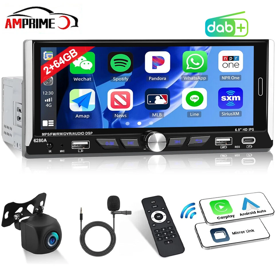 DAB+ 6.9 Zoll Carplay 1 Din Autoradio 2G+64G Android 13 GPS Navi WiFi BT Kamera - Bild 1 von 4