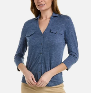 J. Mclaughlin Brynn Linen Blend Top Denim Blue Stretch Button Down Stretch Sz M - Picture 1 of 7