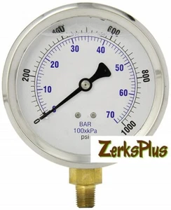 Liquid Filled 2-1/2 Pressure Guage Stainless Case Lower Mount, 0-1000PSI - Picture 1 of 1