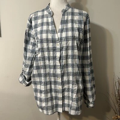 Camisa Merona para mujer a cuadros con botones blanca azul elástica manga enrollable XXL Foto 1 de 4