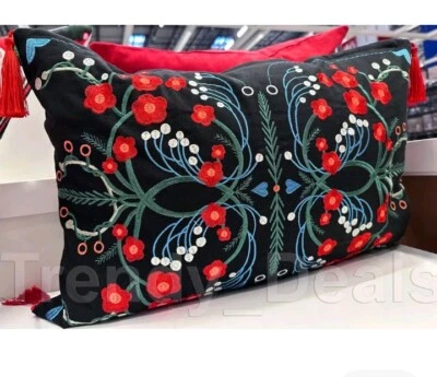 Ikea VINTERFINT Pillow Cushion Cover 16" x 23" Folk Art Embroidered, Black - NEW - Image 1 of 4