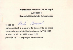 Romania, 1989, Vintage Press Conference Invitation - Embassy of Czechoslovakia - Picture 1 of 1
