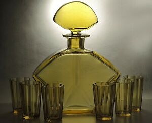 Exclusive Rare Art Deco Bohemian Hand Faceted Honey Glass Decanter/Carafe Set