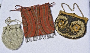 3 Antique 1920 Art Deco Bags Beaded Drawstring Flapper tapestry gold lame silk 3 - Picture 1 of 24
