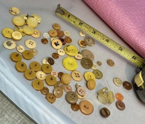 75 vtg to antique buttons yellow & misc shapes & color, metal shank, sew through Cover