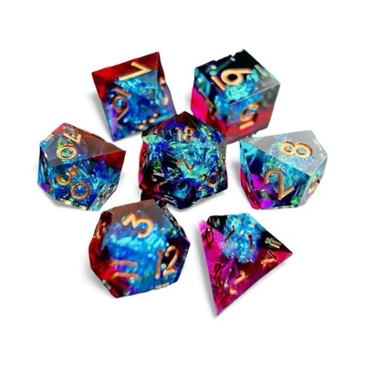 Juego de dados poliédricos de resina azul rojo iridiscente 7 piezas para D&D TTRPG Foto 1 de 2