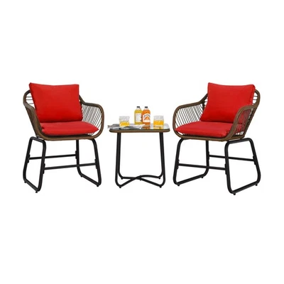 Patiojoy Outdoor 3PCS Rattan Bistro Set Cushioned Chair Glass Table Deck Red - Image 1 of 4