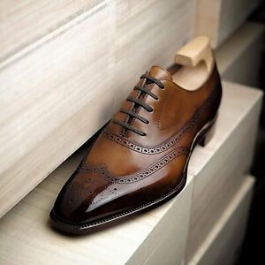 Men's Handmade Genuine Brown Leather Oxford Lace Up Wingtip Formal Dress Shoes