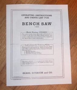 SEARS CRAFTSMAN 8 INCH BENCH SAW OWNERS MANUAL 103.24241 24241 TABLE - Picture 1 of 1