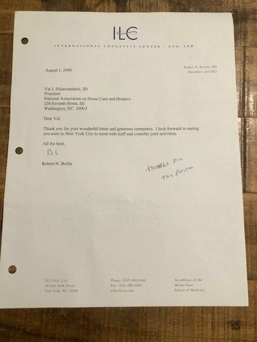1 ORIGINAL Letter to Val Halamandaris/NAHC Fm: Robert N. Butler / Doctor Cover