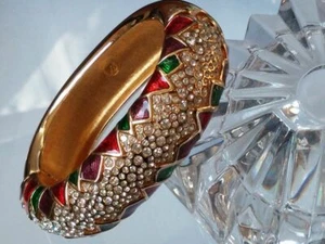 Vintage Swan Signed Swarovski Pave Crystal Guilloche Enamel Hinge Gold Bangle - Picture 1 of 12