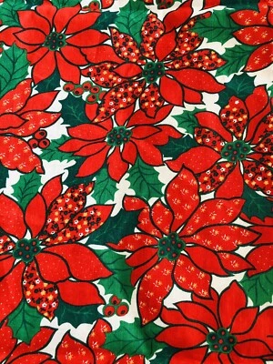 Vintage POINSETTIAS Cotton Calico Fabric 3/4 Yd. Quilting Crafts Sewing - Image 1 of 4