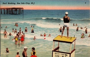 Surf Bathing Sea Isle City New Jersey Ocean People Vintage Linen Postcard - Picture 1 of 2