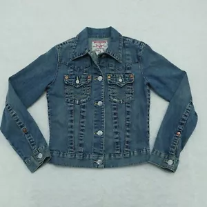 Y2K True Religion Jimmy Trucker Jacket Women Sz Small Blue Stitched Denim Jacket - Picture 1 of 14