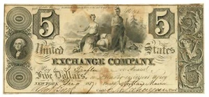 1837 United States Exchange Company, New York, NY $5 Obsolete Note No.188 62082 - Picture 1 of 2