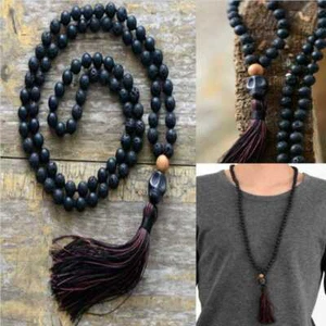 8mm Lava black Onyx Tassels Necklace mala Tassel Zen Crystal Lariat Meditation - Picture 1 of 5